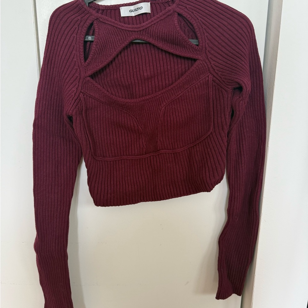 Danielle Guizio Burgundy Ribbed Crop Top Sweater